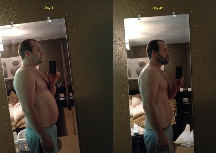 A before and after photo of a 5'10" male showing a weight reduction from 215 pounds to 193 pounds. A total loss of 22 pounds.