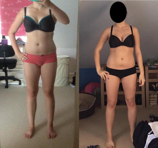 A photo of a 5'5" woman showing a fat loss from 158 pounds to 136 pounds. A net loss of 22 pounds.