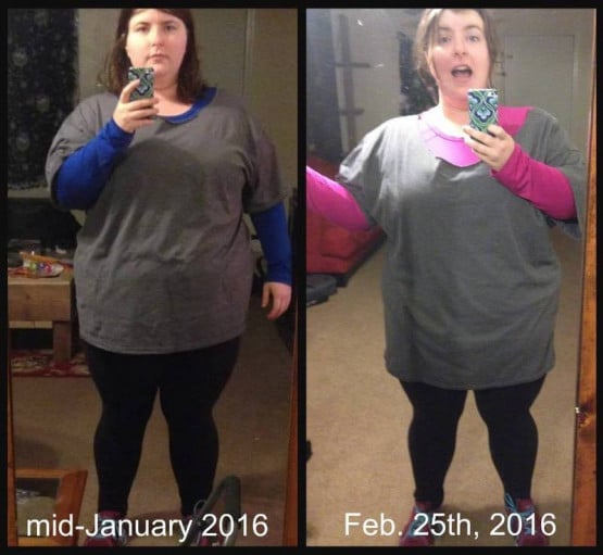 A picture of a 5'4" female showing a weight cut from 294 pounds to 266 pounds. A total loss of 28 pounds.