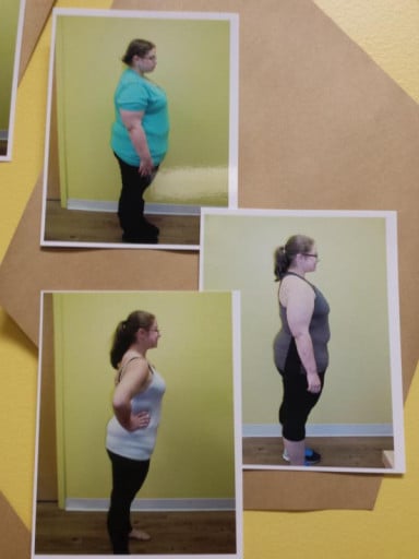 A progress pic of a 5'2" woman showing a fat loss from 238 pounds to 170 pounds. A net loss of 68 pounds.