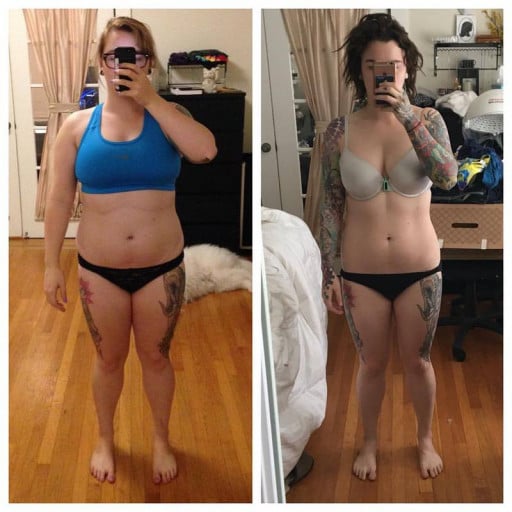 A photo of a 5'2" woman showing a weight cut from 167 pounds to 136 pounds. A net loss of 31 pounds.