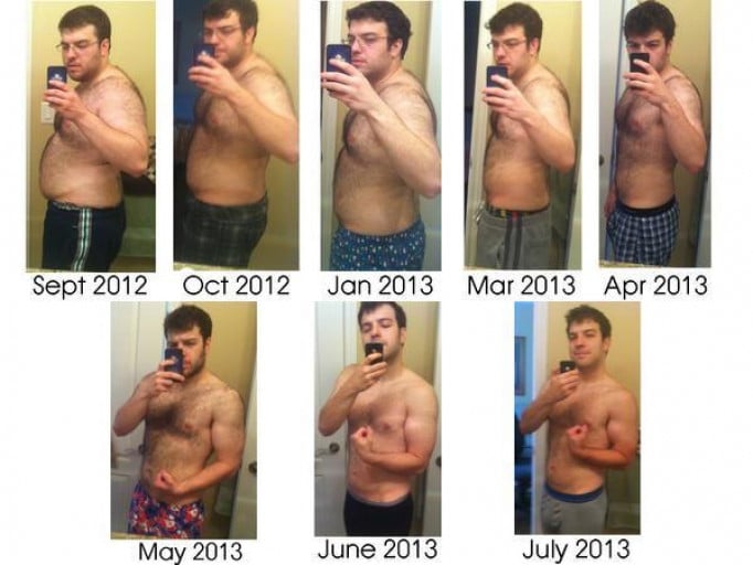 A progress pic of a 5'7" man showing a weight reduction from 240 pounds to 160 pounds. A net loss of 80 pounds.