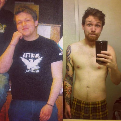 A picture of a 5'7" male showing a weight loss from 200 pounds to 136 pounds. A net loss of 64 pounds.