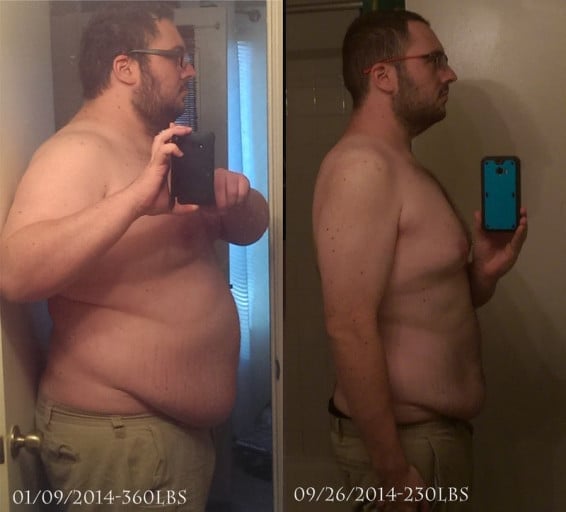 A photo of a 6'1" man showing a weight loss from 360 pounds to 230 pounds. A respectable loss of 130 pounds.