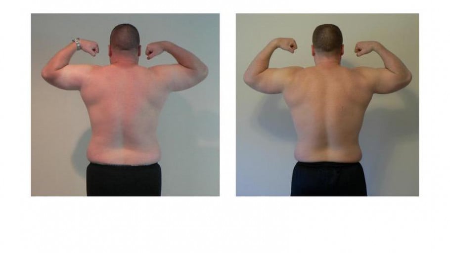 A progress pic of a 5'8" man showing a weight loss from 265 pounds to 210 pounds. A net loss of 55 pounds.