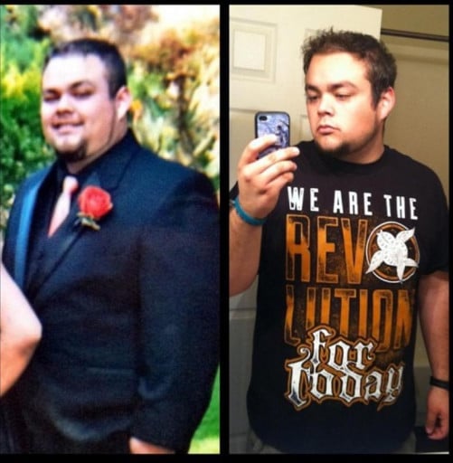 A before and after photo of a 6'1" male showing a weight reduction from 325 pounds to 275 pounds. A total loss of 50 pounds.