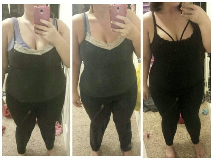 A progress pic of a 5'0" woman showing a fat loss from 227 pounds to 214 pounds. A net loss of 13 pounds.