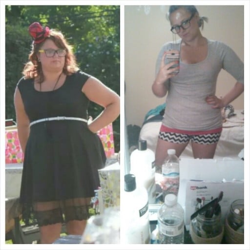 A progress pic of a 5'5" woman showing a fat loss from 225 pounds to 182 pounds. A net loss of 43 pounds.