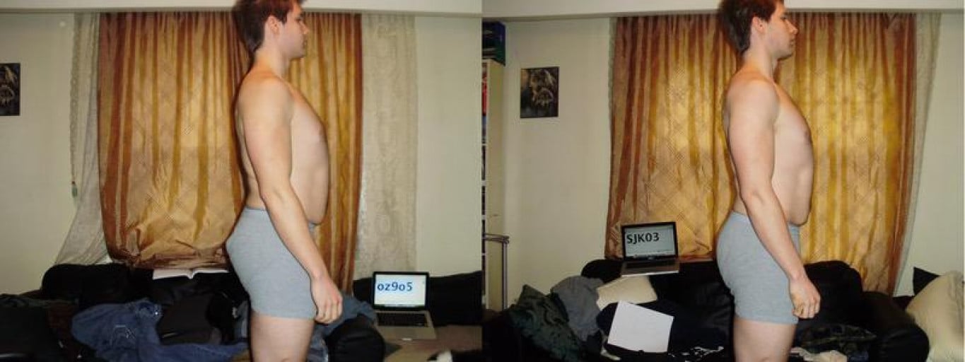 A before and after photo of a 6'3" male showing a snapshot of 207 pounds at a height of 6'3