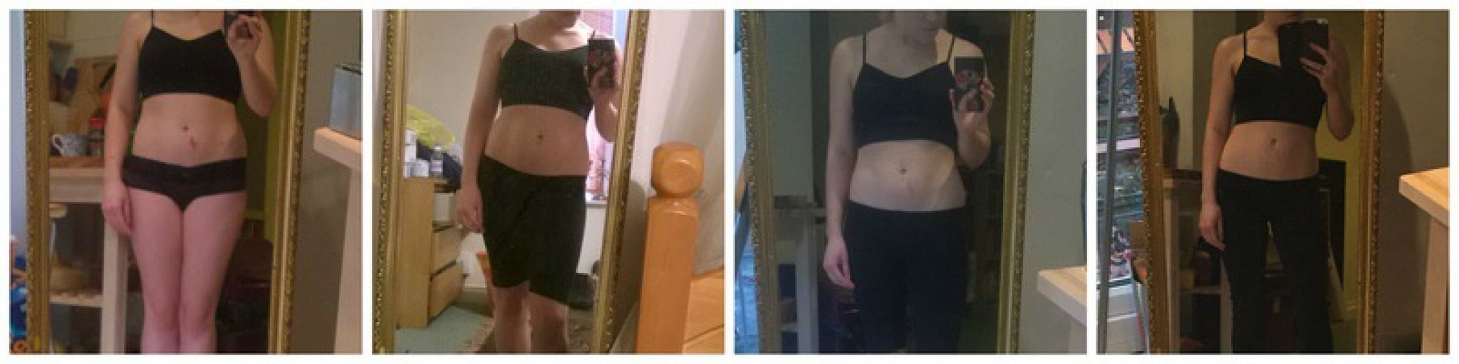 A progress pic of a 5'3" woman showing a fat loss from 134 pounds to 121 pounds. A respectable loss of 13 pounds.