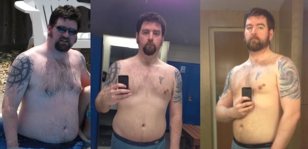 A photo of a 6'1" man showing a weight cut from 256 pounds to 214 pounds. A net loss of 42 pounds.