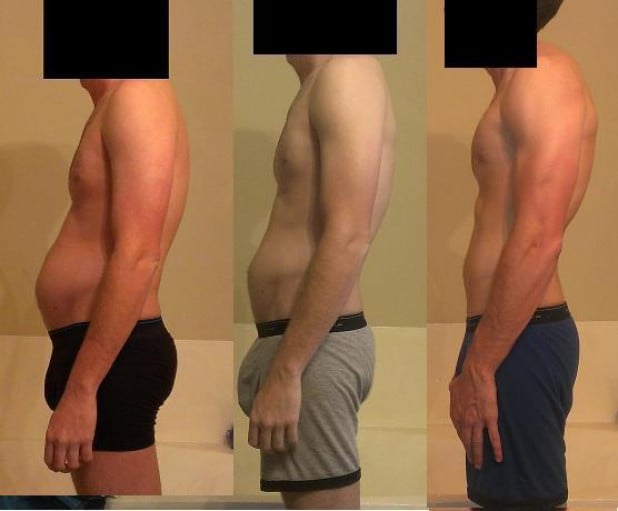 A picture of a 5'11" male showing a weight reduction from 176 pounds to 165 pounds. A net loss of 11 pounds.