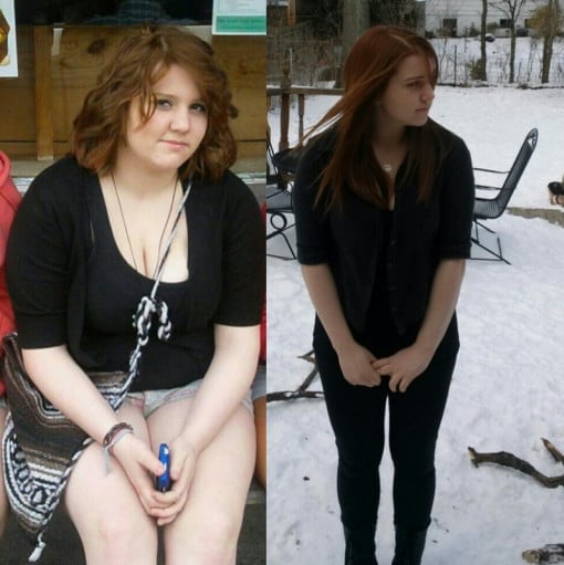 A picture of a 5'2" female showing a weight loss from 180 pounds to 140 pounds. A total loss of 40 pounds.