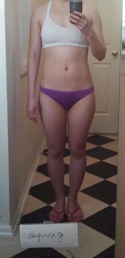 A before and after photo of a 5'3" female showing a snapshot of 123 pounds at a height of 5'3