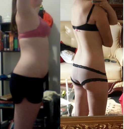 A progress pic of a 5'8" woman showing a weight reduction from 180 pounds to 140 pounds. A net loss of 40 pounds.