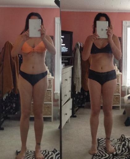 A picture of a 5'6" female showing a weight loss from 150 pounds to 138 pounds. A net loss of 12 pounds.