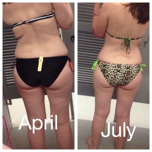 A picture of a 5'5" female showing a weight loss from 152 pounds to 142 pounds. A total loss of 10 pounds.
