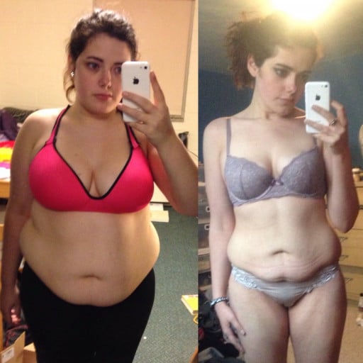 A before and after photo of a 5'5" female showing a weight reduction from 212 pounds to 142 pounds. A net loss of 70 pounds.