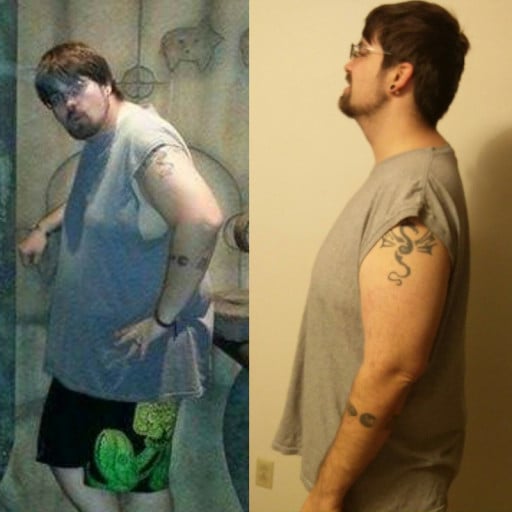 A before and after photo of a 6'3" male showing a weight loss from 297 pounds to 247 pounds. A total loss of 50 pounds.