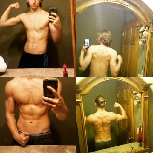 A before and after photo of a 5'11" male showing a muscle gain from 128 pounds to 170 pounds. A net gain of 42 pounds.