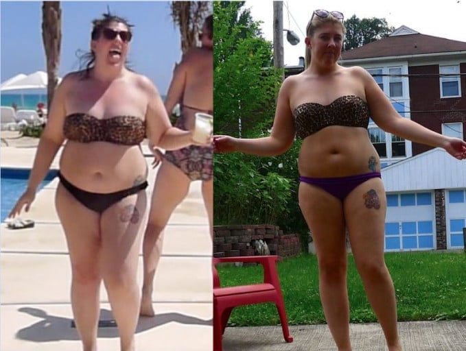 A picture of a 5'6" female showing a weight loss from 216 pounds to 183 pounds. A total loss of 33 pounds.