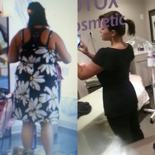 A progress pic of a 5'6" woman showing a weight cut from 260 pounds to 160 pounds. A respectable loss of 100 pounds.
