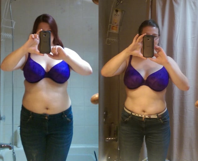 A picture of a 5'7" female showing a fat loss from 200 pounds to 169 pounds. A net loss of 31 pounds.