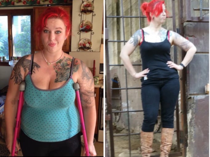 A picture of a 5'9" female showing a weight cut from 220 pounds to 170 pounds. A total loss of 50 pounds.