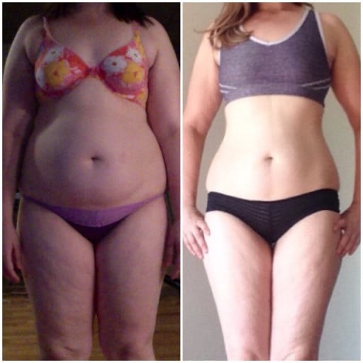 A progress pic of a 5'8" woman showing a fat loss from 203 pounds to 160 pounds. A respectable loss of 43 pounds.