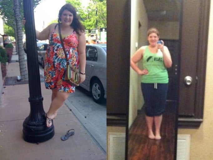 A before and after photo of a 5'8" female showing a weight reduction from 242 pounds to 201 pounds. A net loss of 41 pounds.
