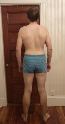 A before and after photo of a 6'3" male showing a snapshot of 198 pounds at a height of 6'3