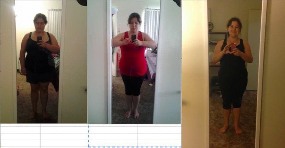A before and after photo of a 5'2" female showing a weight reduction from 240 pounds to 191 pounds. A respectable loss of 49 pounds.