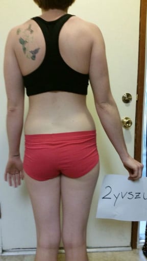 A before and after photo of a 5'6" female showing a snapshot of 120 pounds at a height of 5'6