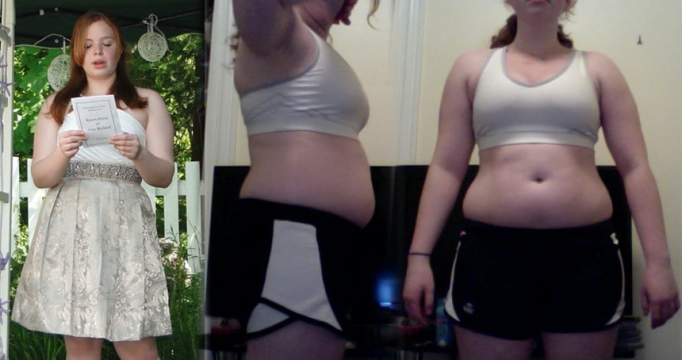 A before and after photo of a 5'4" female showing a weight cut from 180 pounds to 155 pounds. A net loss of 25 pounds.