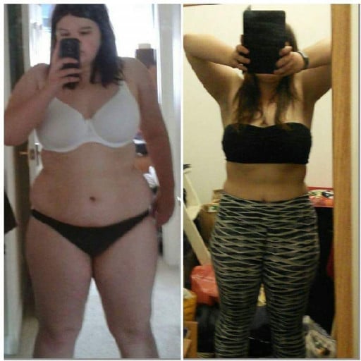 A progress pic of a 5'3" woman showing a fat loss from 224 pounds to 180 pounds. A respectable loss of 44 pounds.