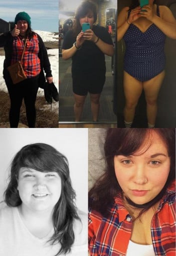 A before and after photo of a 5'3" female showing a weight reduction from 255 pounds to 220 pounds. A respectable loss of 35 pounds.