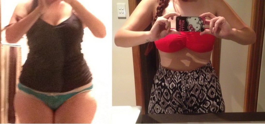 A progress pic of a 5'5" woman showing a fat loss from 202 pounds to 158 pounds. A net loss of 44 pounds.