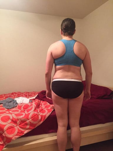 A before and after photo of a 5'7" female showing a snapshot of 185 pounds at a height of 5'7
