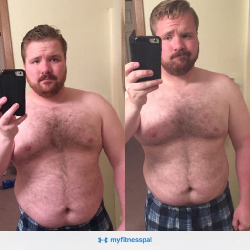 A photo of a 5'6" man showing a weight cut from 230 pounds to 204 pounds. A total loss of 26 pounds.