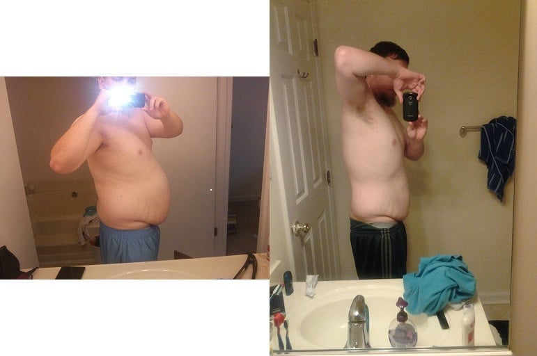 A before and after photo of a 5'9" male showing a weight reduction from 280 pounds to 184 pounds. A total loss of 96 pounds.