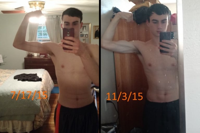 A before and after photo of a 6'2" male showing a weight bulk from 145 pounds to 158 pounds. A respectable gain of 13 pounds.