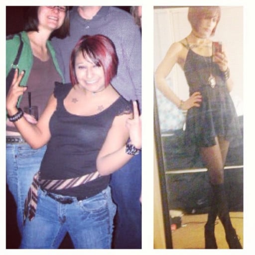 A photo of a 5'1" woman showing a weight loss from 120 pounds to 100 pounds. A total loss of 20 pounds.