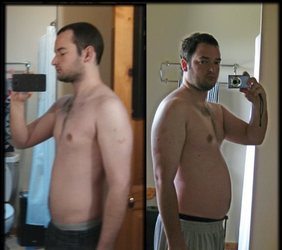 A before and after photo of a 5'9" male showing a weight reduction from 180 pounds to 150 pounds. A respectable loss of 30 pounds.