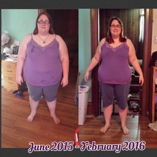 A picture of a 5'4" female showing a fat loss from 363 pounds to 275 pounds. A net loss of 88 pounds.