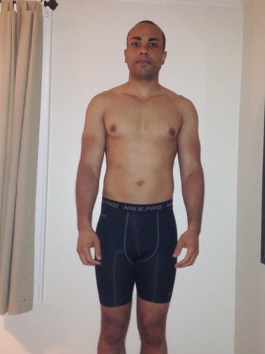 A before and after photo of a 6'1" male showing a snapshot of 195 pounds at a height of 6'1