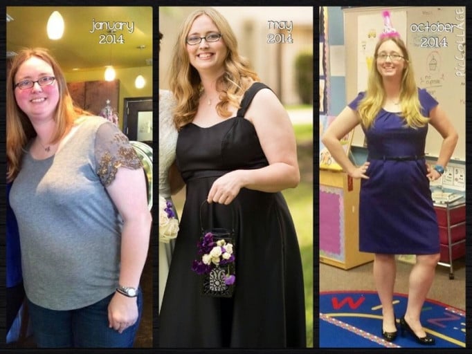 A progress pic of a 5'7" woman showing a fat loss from 210 pounds to 175 pounds. A net loss of 35 pounds.