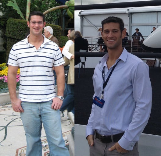 A before and after photo of a 5'11" male showing a weight reduction from 205 pounds to 160 pounds. A total loss of 45 pounds.