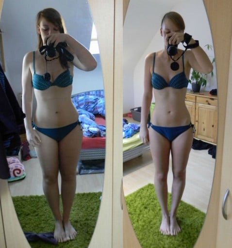 A progress pic of a 5'8" woman showing a fat loss from 160 pounds to 135 pounds. A respectable loss of 25 pounds.