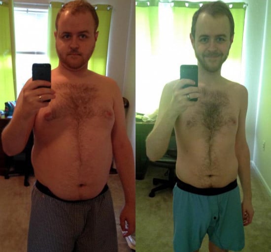 A before and after photo of a 5'5" male showing a weight cut from 177 pounds to 125 pounds. A net loss of 52 pounds.