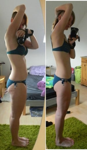 A photo of a 5'8" woman showing a fat loss from 160 pounds to 135 pounds. A net loss of 25 pounds.